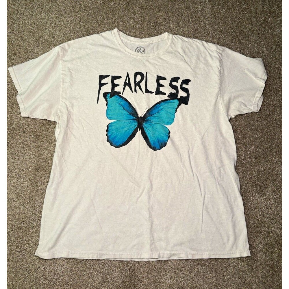 DOM Mens XL White Fearless Blue Butterfly Graphic Print Crew Neck Tee